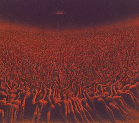 Image similar to a large amount of cultist followers gathered in front of a cult leader's stage, view from stage, in the style of beksinski