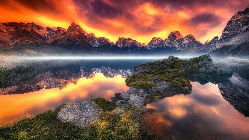 Image similar to amazing landscape photo of mountains with lake in sunset by marc adamus, beautiful dramatic lighting