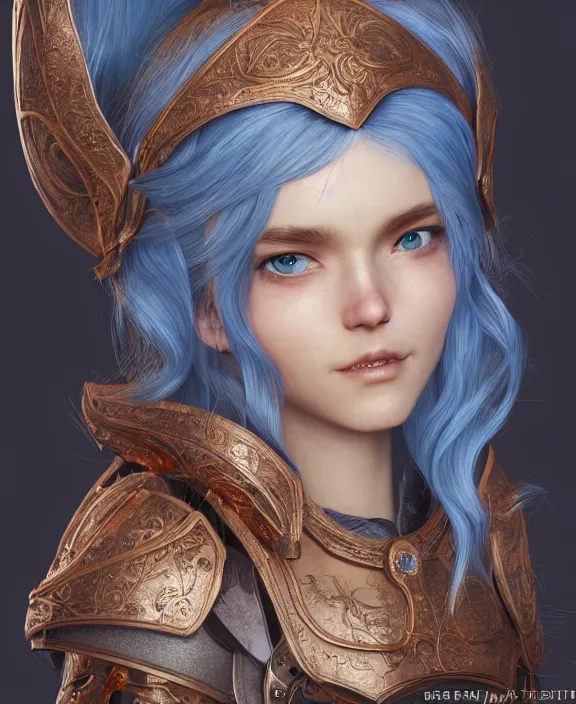 Image similar to a beautiful and highly detailed digital portrait of a dignified elf with long blue windswept hair in a rose gold breastplate by artgerm and lu ji, centered, artsation contest winner, cgsociety, fantasy art, cryengine, concept art, photorealism, daz 3 d, sketchfab, zbrush, vray