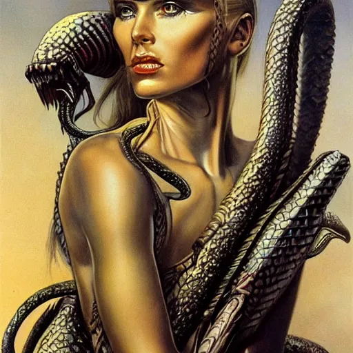 Image similar to illustrated by Boris Vallejo and H.R. Giger | Beautuful portrait of a warrior-girls with snakes and demons surronded