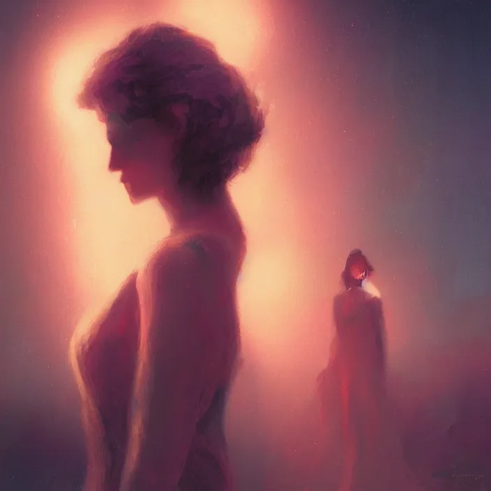 Image similar to lonely lady, portrait, concept art, digital painting, noir, backlit, flare, neon lights, atmospheric, by bruce pennington, by corbusier