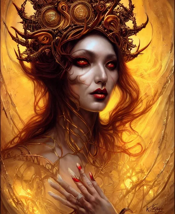 Prompt: spider goddess, ungodly horror, portrait, tarot card, ornate, digital art by artgerm and karol bak