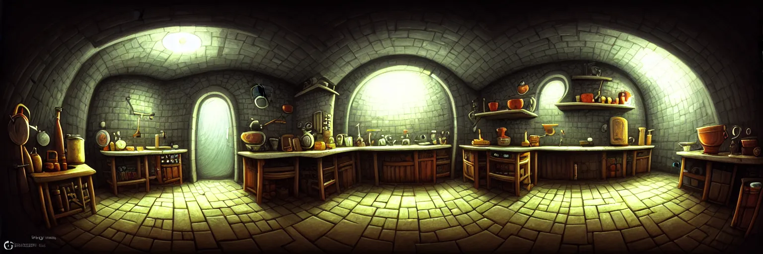 Prompt: underground basement, dark dark dark walls, fisheye spiral, naive, extra narrow, detailed illustration of a kitchen, large floor, by gediminas pranckevicius, trending artstation, tavern