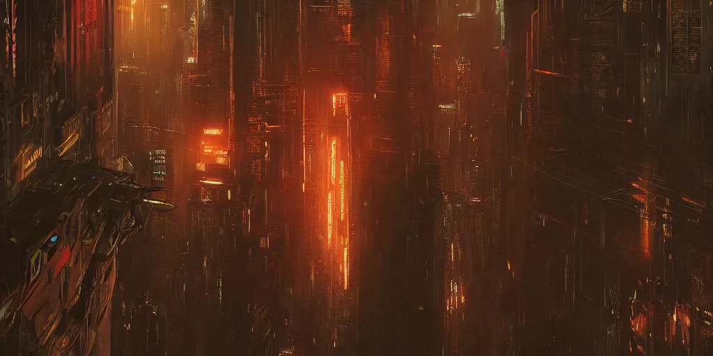 Image similar to a painting of a cinematic keyframe of a cyberpunk dystopian city, blade runner like designed by ian hubertz seen from above, cenital shot, by greg rutkowski, rule of thirds, golden ratio, ambient lighting, wlop, artgerm, artstation, highly detailed masterpiece, dark fantasy art, high detail, trending on artstation