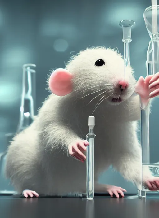 Image similar to a 3D render of a cute fuzzy pet rat dressed in a white lab coat mixing test tubes of chemicals in a chemistry lab, bokeh, Canon 50mm, cinematic lighting, volumetric light, octane, octane render, redshift render