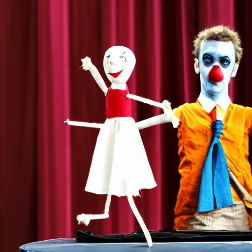 Image similar to puppet show of a string marionette of a president with clown makeup in a podium