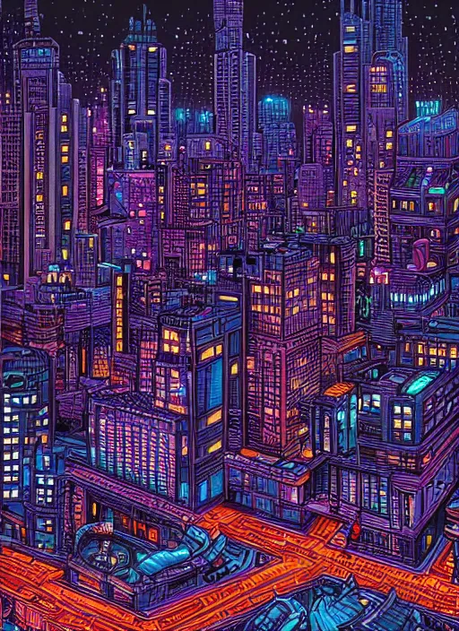 Image similar to a futuristic city at night by Dan Mumford