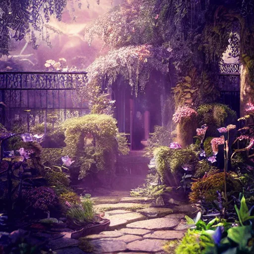 Image similar to mystical and beautiful secret garden, hyperrealistic photograph, dim volumetric lighting, 8 k, octane beautifully detailed render, extremely hyper detailed, intricate, epic composition, cinematic lighting, masterpiece, trending on artstation, very very detailed, stunning, hdr, smooth, sharp focus, high resolution, award, winning photo, dslr, 5 0 mm