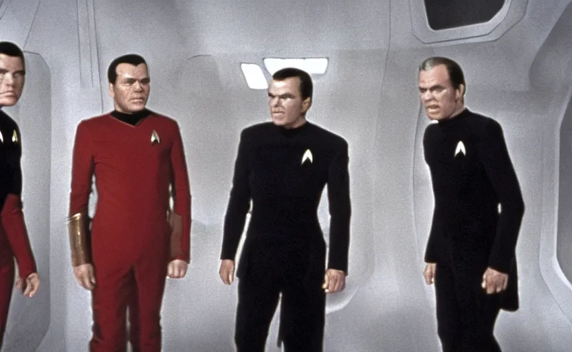 Image similar to a dramatic still from an episode of star trek. all characters are played by jack nicholson.