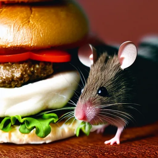 Image similar to a mouse on a hamburger, hyper realistic, macro photo, very detailed