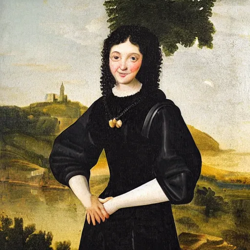 Image similar to young woman from the year 1 5 0 0, seated in front of a landscape background, her black hair is curly, she wears a dark green dress pleated in the front with yellow sleeves, puts her right hand on her left hand, and smiles slightly, oil painting