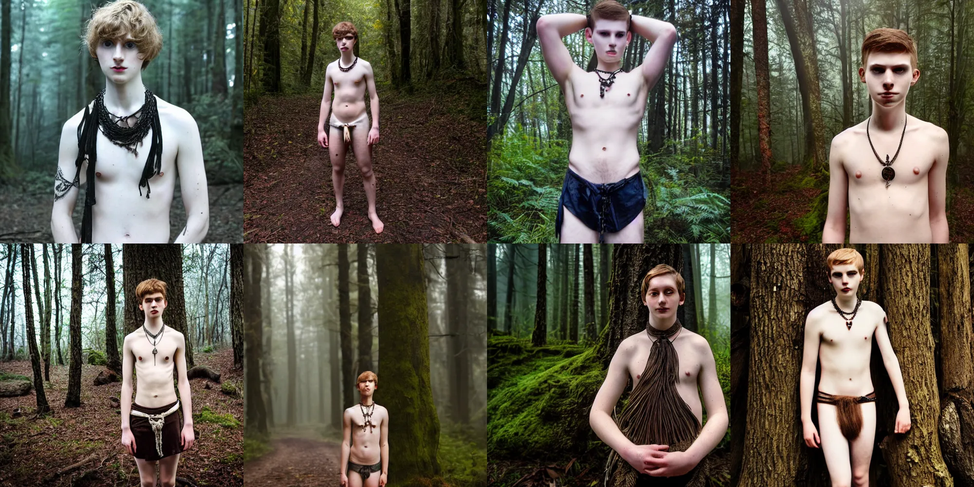 Prompt: natural short hair, necklace, loincloth, 8 k, thin, ominous and eerie forest, very accurate face, 1 9 yo teenage boy, pale, award winning photo