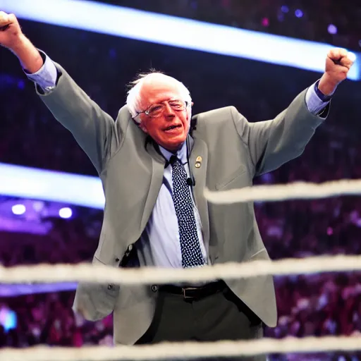 Prompt: Bernie Sanders wins Wrestlemania, award winning photography, 35mm lens, flashbulbs, in focus face