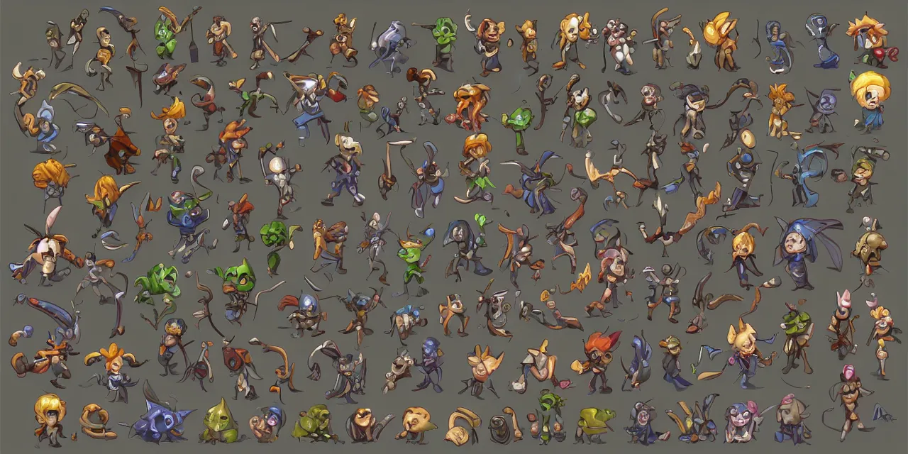 Prompt: game asset sheet, 2 d sprite, mid classical era chibi monsters cute lovable tricksters