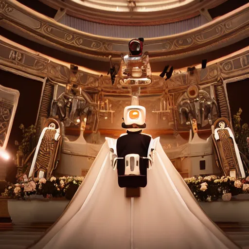 Image similar to a beautiful professional close up portrait photograph of a complex robot priest officiating a wedding ceremony. octane render, extremely detailed, cinematic lighting, 8k, cinematic movie photograph, closeup portrait, cgsociety, award-winning art, excellent composition, by Andree Wallins.