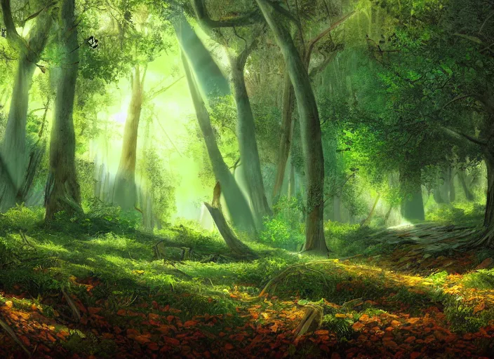 Image similar to Old oak forest trail, lush vegetation, gentle rays of sun, fallen leaves atmospheric, hyper detailed, digital art