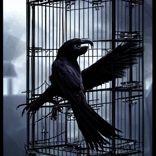 Image similar to a photo of black raven inside cage, city landscape, digital painting, insane details, hyper realistic, apocalyptic, artstation, sharp, focus, award winning, conceptual art, 4 k