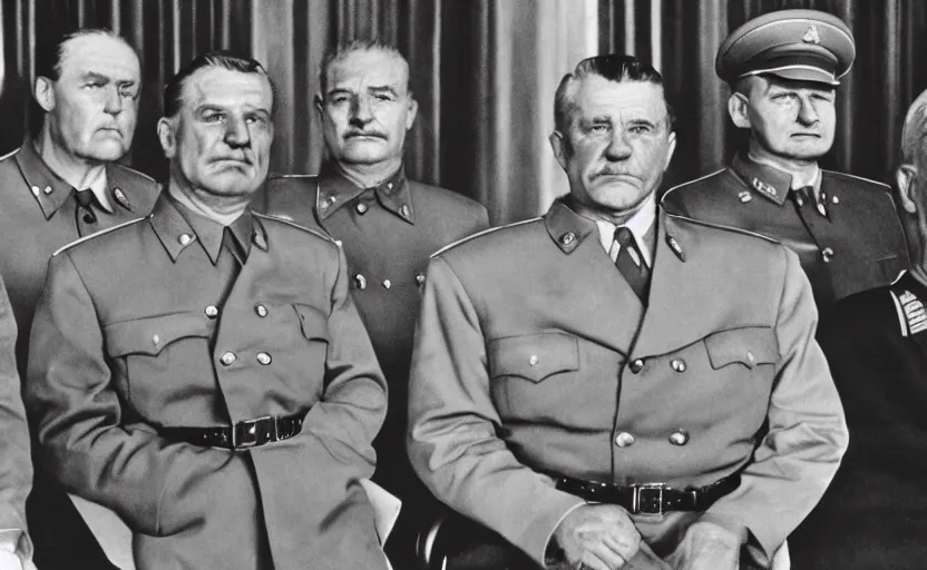 Prompt: 50s movie still of very diverse 3 soviet generals head with very detailed faces in a stalinist parlement, by Alexei Guerman, Cinestill 800t 35mm black and white, heavy grainy picture, very detailed, high quality, 4k, HD criterion, precise texture, diverse faces, diverse haircuts, diverse ages, precise faces