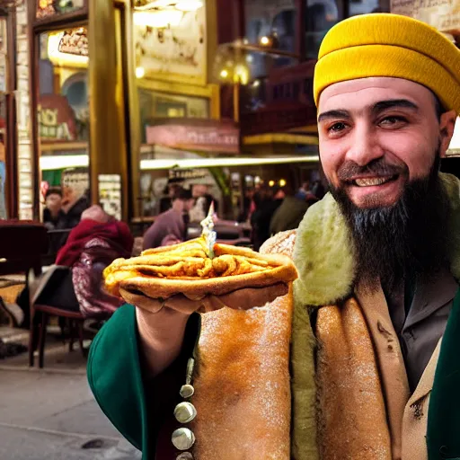 Image similar to Portrait of the Ottoman Sultan Mehmet IV eating shawarma in Downtown New York, wearing big ovular turban and a luxurious Ottoman coat, green eyes, detailed face, Ottoman Sultan, smile, cheerful, expressive, photorealistic, hyperrealism, micro details, HDR Shot, 16k