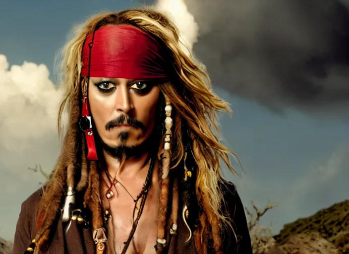Prompt: film still of amber heard as captain jack sparrow on a desert island in the new pirates of the carribean movie, 4 k