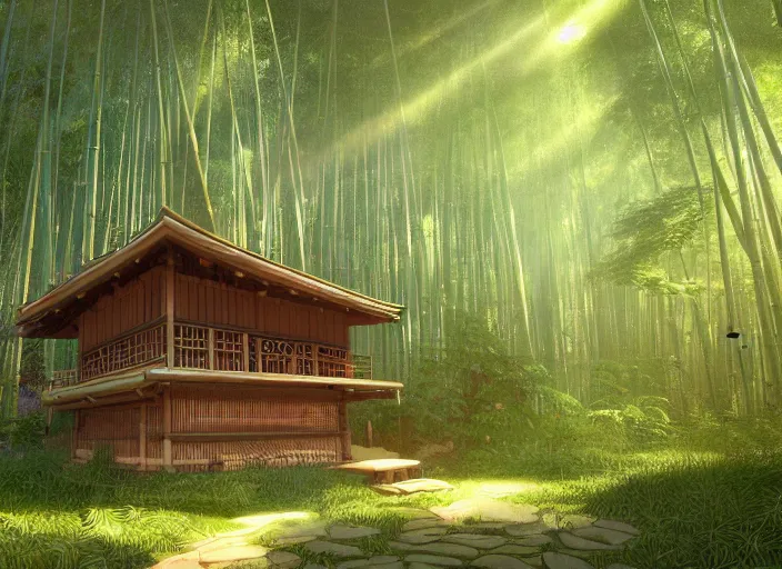 Prompt: deep in a japanese bamboo forest, small wooden house in distance, sunny, cartoony, sketched, mid day, realistic lighting, light rays, by ghibli studio, arcane, wild rift, trending on artstation, 4 k, hd