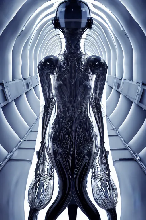 Image similar to background space station, dark inflateble dress iris van herpen positing on floor, helmet instead of a head, perfect symmetrical, full body shot, inflateble shapes, wires, tubes, veins, jellyfish, white biomechanical details, wearing epic bionic implants, masterpiece, intricate, biopunk, vogue, highly detailed, artstation, concept art