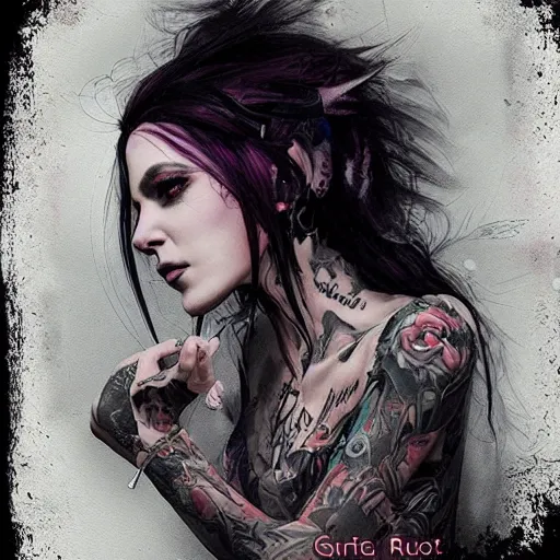 Image similar to female tattoo artist in gothic tattoo studio, greg rutkowski