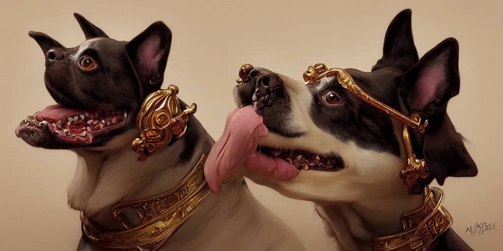 Prompt: painting of a funny dog, decorated, intricate, elegant, highly detailed, digital painting, artstation, concept art, smooth, sharp focus, illustration, art by artgerm and greg rutkowski and alphonse mucha, 8 k