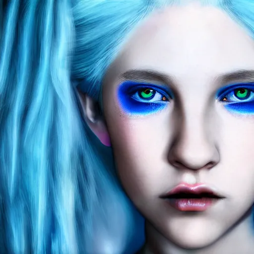 Image similar to The dragon girl portrait, portrait of young girl half dragon half human, dragon girl, dragon skin, dragon eyes, dragon crown, blue hair, long hair, highly detailed, cinematic lighting, Matte painting by David Lynch