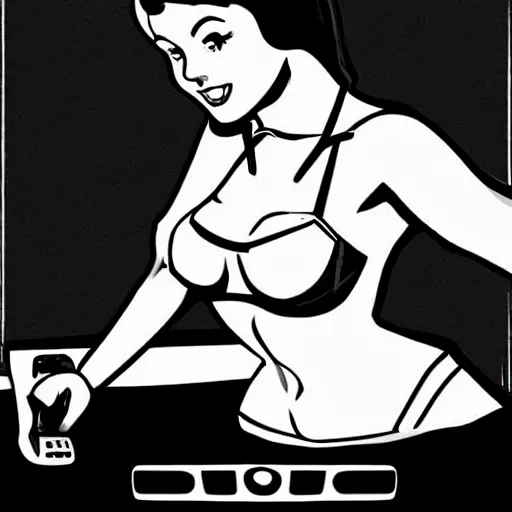 Prompt: a pin up woman playing a videogame, front view, digital art, photoshop, dark lighting, couch