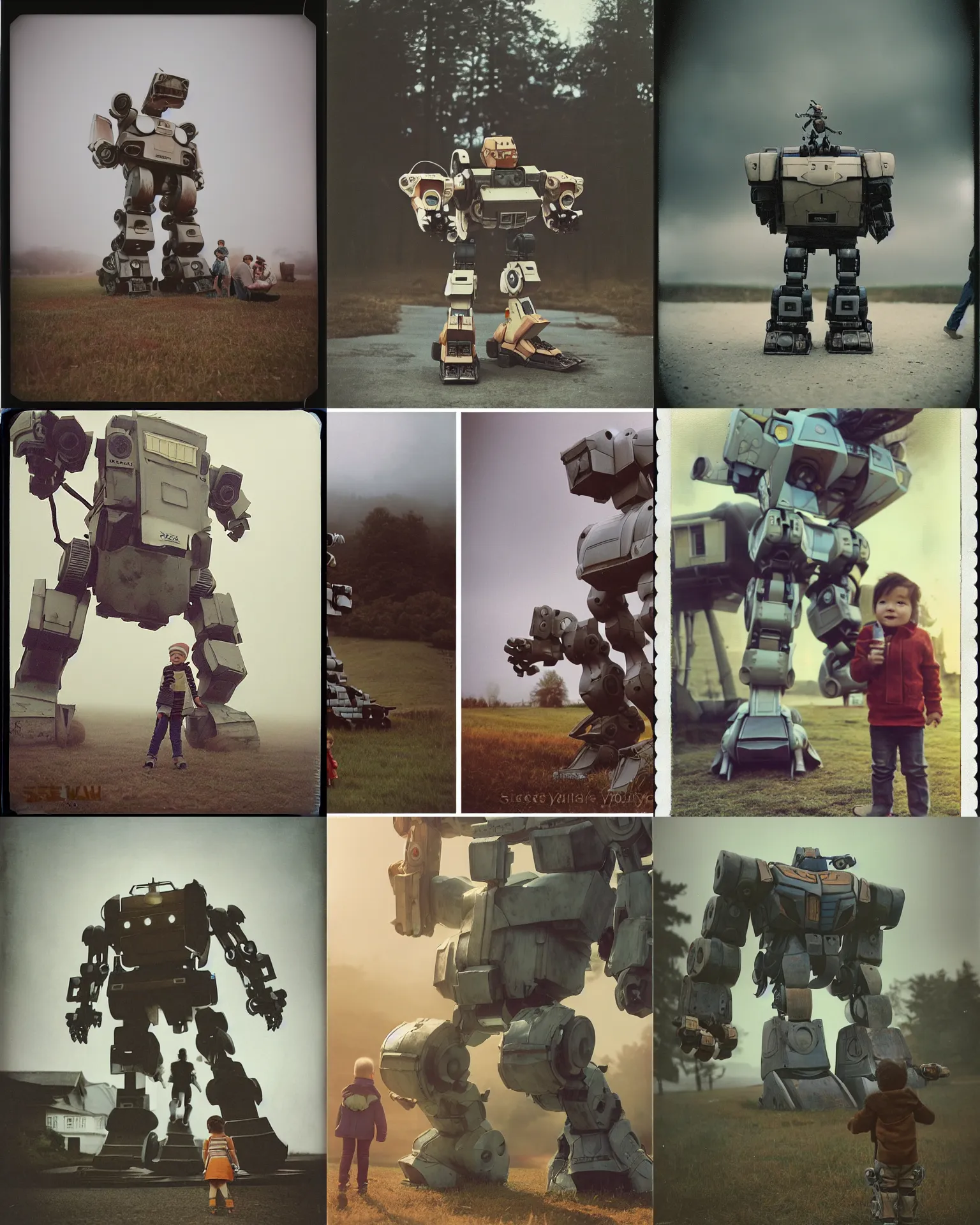 Prompt: giant oversized battle pose robot mech as giant baby on a village, Cinematic focus, Polaroid photo, vintage, neutral colors, soft lights, foggy, by Steve Hanks, by Serov Valentin, by lisa yuskavage, by Andrei Tarkovsky