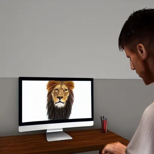 Image similar to Lion at computer, trading stocks, candle stick chart on screen, digital art, realistic, trending on artstation