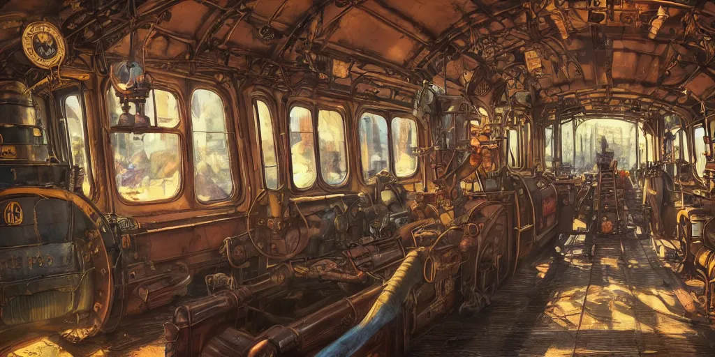 Image similar to steampunk train wagon interior, colorful, contrast, depth of field, 3 d scene, render, greg rutkowski, zabrocki, karlkka, jayison devadas, trending on artstation, 8 k, ultra wide angle, zenith view, pincushion lens effect