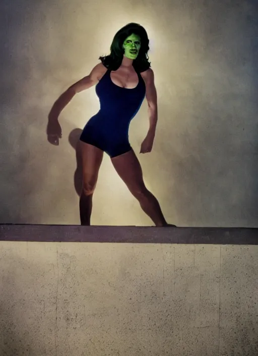 Prompt: a color photo portrait of she hulk in la by annie liebovitz, dramatic lighting, 7 5 mm lens, sharp focus.