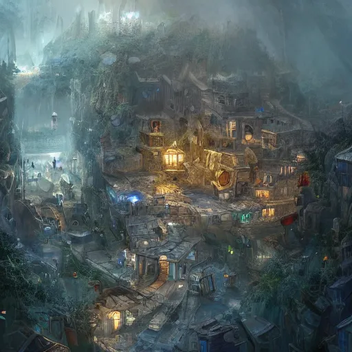 Image similar to a tiny miniscule town living on the thread of a spiders web, fantasy concept art, trending on art station, stunning visuals, creative, cinematic, ultra detailed