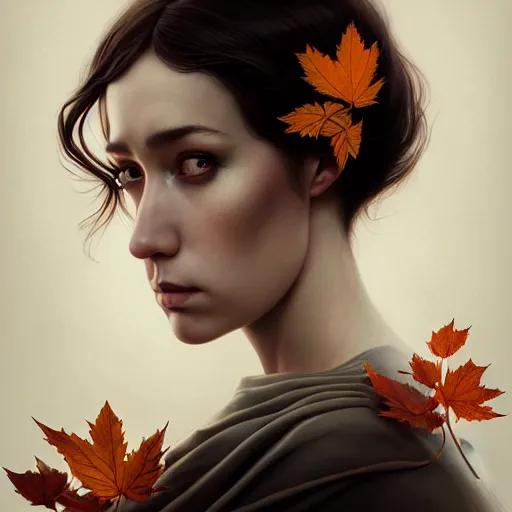 Image similar to in the style of joshua middleton, artgerm, tom bagshaw, gorgeous stella maeve magician, realistic character concept, bird's eye overhead shot, elegant pose, spooky, illustration, symmetrical face and body, volumetric lighting, detailed realistic symmetrical eyes, 8 k, single face, insanely detailed and intricate elegant, autumn leaves