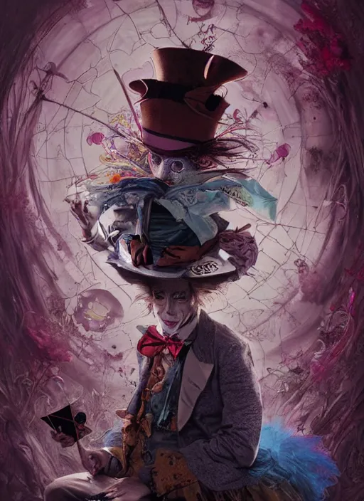 Image similar to alice in wonderland mad hatter the magician tarot card, highly detailed, cinematic, 8 k, by stanley artgermm, tom bagshaw, greg rutkowski, carne griffiths, ayami kojima, beksinski, giger, trending on deviantart, hyper detailed, horror, full of colour