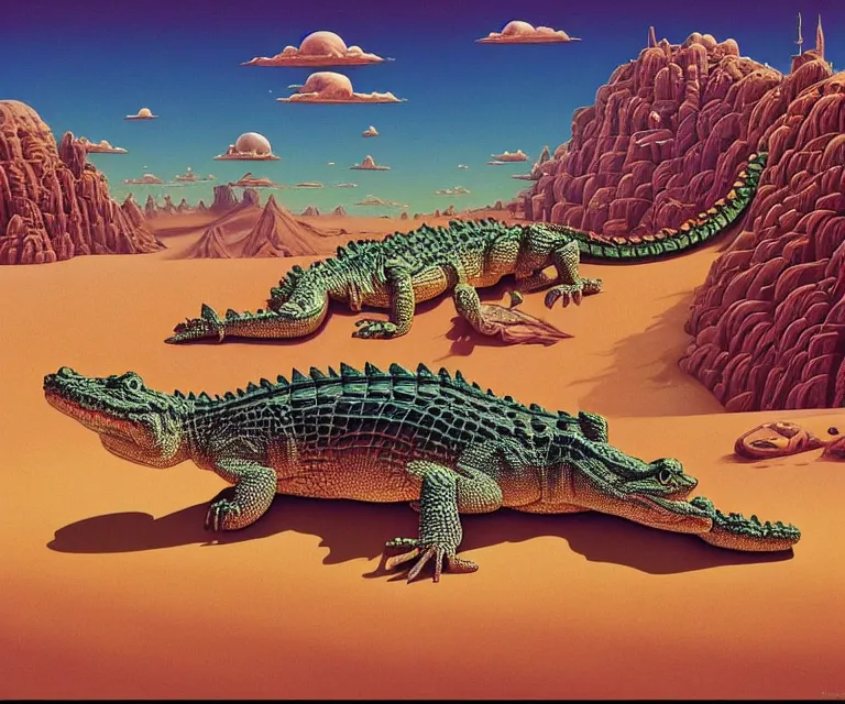 Image similar to hyper detailed 3d render like a Oil painting - a cartoon crocodile in a desert, by Jacek Yerka, Mariusz Lewandowski, Houdini algorithmic generative render, Abstract brush strokes, Masterpiece, Edward Hopper and James Gilleard, Zdzislaw Beksinski, Mark Ryden, Wolfgang Lettl, hints of Yayoi Kasuma, octane render, 8k