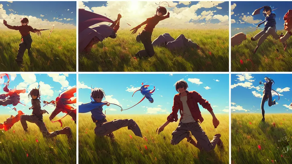 Image similar to highly detailed comic spread combination of art styles depicting an impactful action scene on open meadow clear sky with expert design fictional characters, bright colors, high color saturation, dynamic art by sakimi, moebius, makoto shinkai, murata, james jean, craig mullins, digital painting, masterpiece, best selling, pixiv, volumetric lighting, realistic shaded lighting