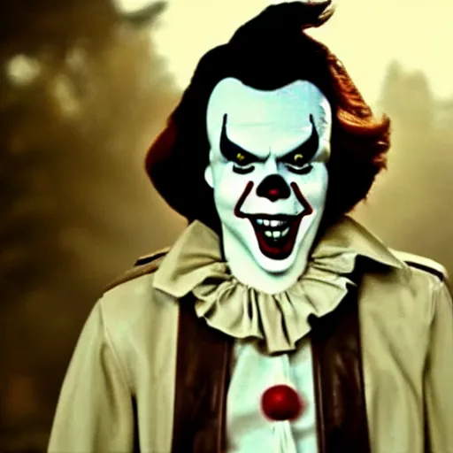 Image similar to blurry film grain still of a man wearing a leather jacket and white shirt wearing a latex pennywise mask