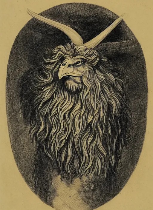 Image similar to a creature with the body and eyes of a man, with the beak of an eagle, the mane of a lion, and the horns of an ox. drawn by francis bacon