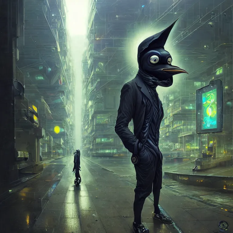 Image similar to A solarpunk very highly detailed Anthropomorphic cybertronic penguin wearing sport suit with very highly detailed face on the street of a very highly detailed solarpunk city digital surrealism art by Greg Rutkowski and Josan Gonzalez, highly detailed, digital concept art, Volumetric natural light, sharp focus, Golden Ratio illustration, realistic concept art by Stephen Hickman and James Gurney and Hiromasa Ogura Ghost in the Shell rendered in VRAY, From the distance