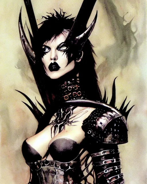 Image similar to portrait of a skinny punk goth sorceress wearing armor by simon bisley, john blance, frank frazetta, fantasy, barbarian