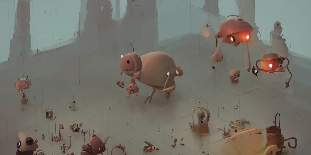 Image similar to cute monsters at the Louvre by Goro Fujita and Simon Stalenhag , 8k, trending on artstation, hyper detailed, cinematic