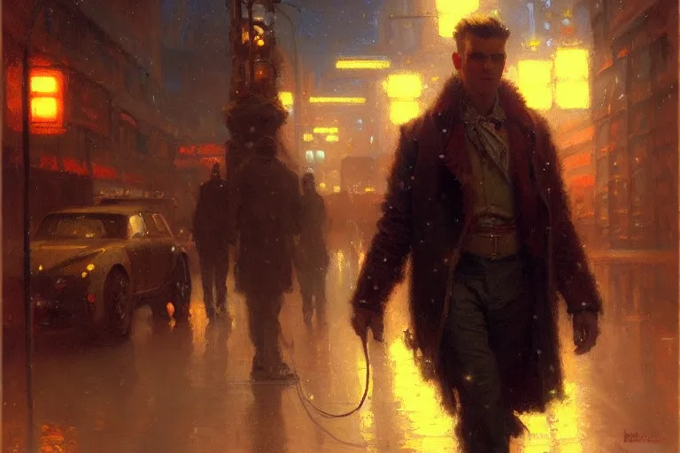 Image similar to winter, attractive male, neon light, cyberpunk, painting by gaston bussiere, craig mullins, j. c. leyendecker