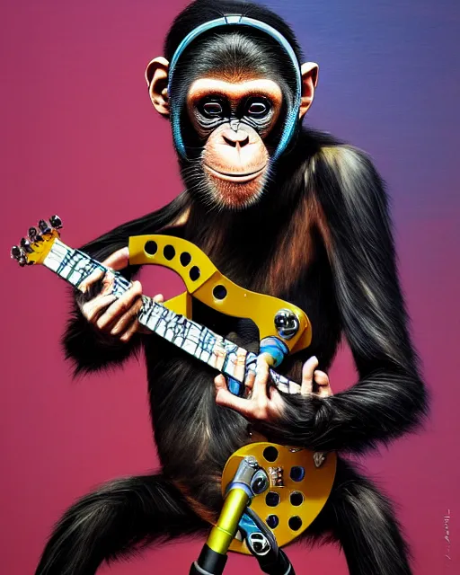 Image similar to a portrait of an anthropomorphic cyberpunk chimp shredding an electric guitar and singing into a microphone on a stand by sandra chevrier, by jon foster, detailed render, tape deck, epic composition, cybernetics, 4 k realistic, cryengine, realistic shaded lighting, sharp focus, masterpiece, by enki bilal