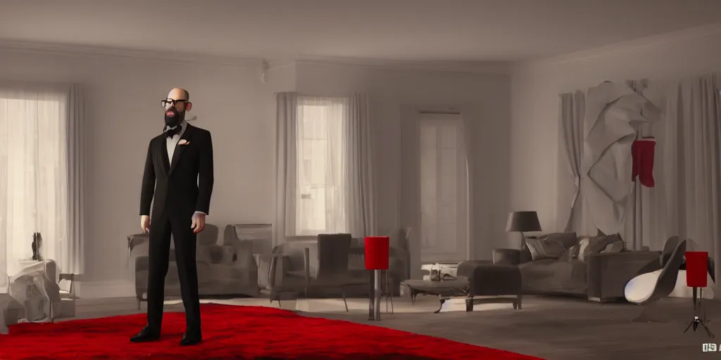 Prompt: gorgeous 3d render of VSauce in a tuxedo and red bow tie ominously standing in a living room, realistic volumetric lighting, realistic reflections, rendered by Octane, highly realistic, 4k wallpaper, trending on Artstation, by Don Blutch