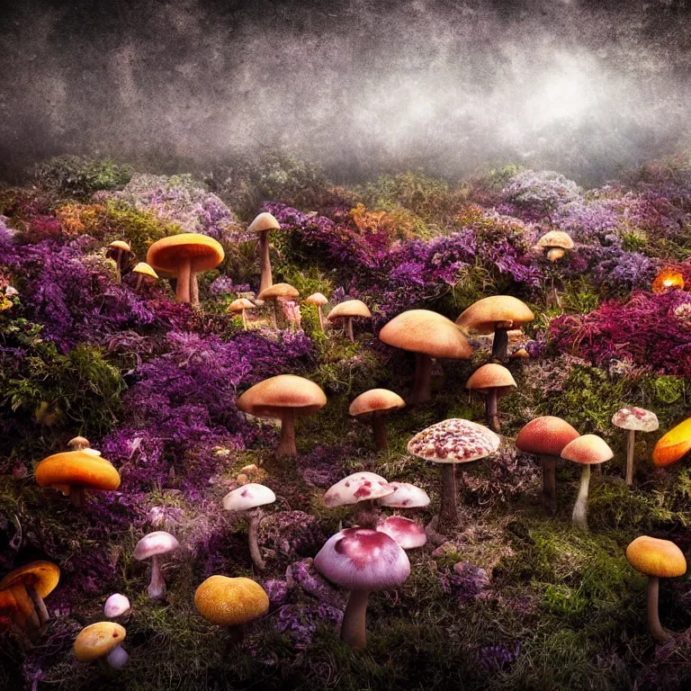 Image similar to a planet of various fungus, mushrooms, flowers and plants, inside the picture is infinity, Atmospheric, artistic photography, conceptual, long exposure outside the city, volumetric light