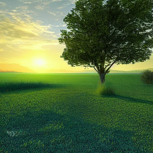 Prompt: peaceful land green grass blue skies at dawn illuminated realistic digital art