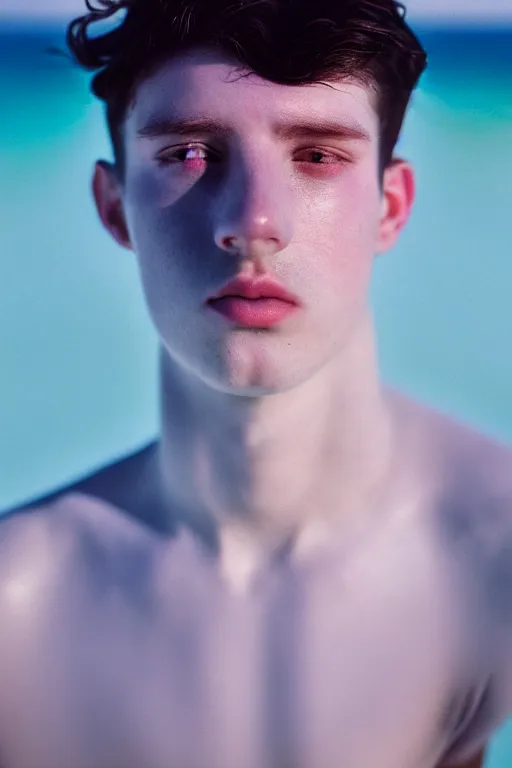 Image similar to high quality pastel coloured film mid angle docu photograph of a beautiful young 2 0 year old male, soft features, short black hair, maximalist clothing, in icelandic black rock pool environment. atmospheric. three point light. photographic. art directed. ( pastel colours ). volumetric light. clearcoat. waves glitch. 8 k. filmic.